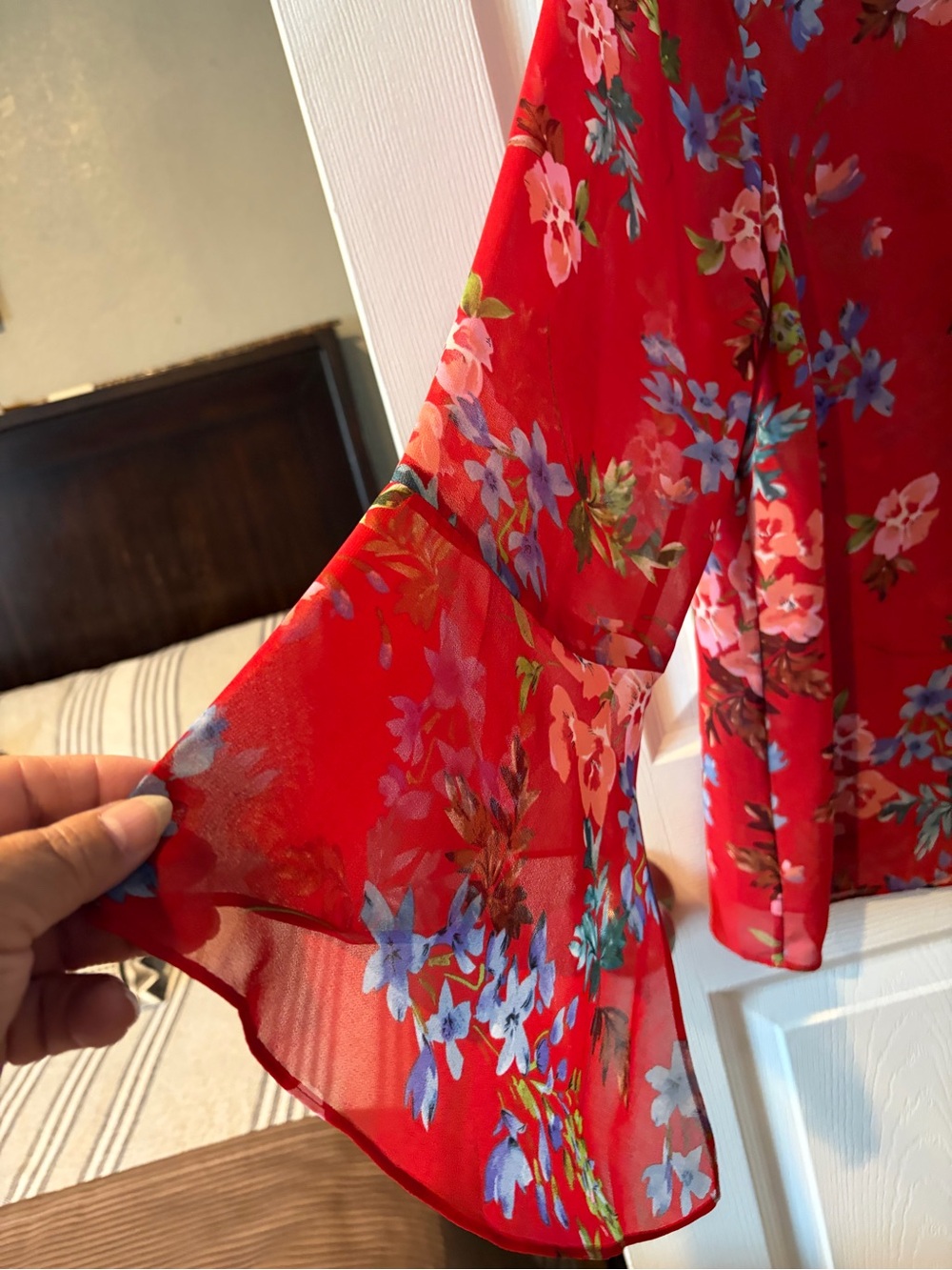 CAbi Red Floral Keyhole Bell Sleeve Blouse - Picture 3 of 5